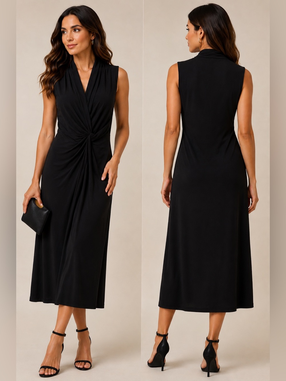 Elie Tahari Black Twist Front Stretch Midi Dress NWT L